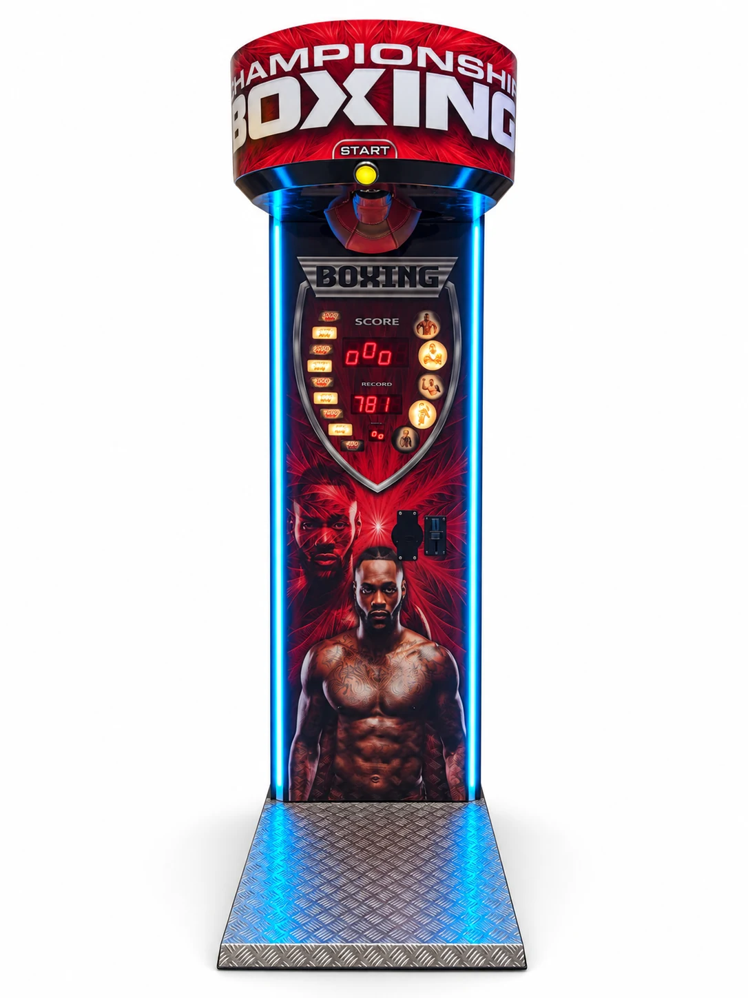 Red Boxer Machine front view with blue illuminated cabinet edges