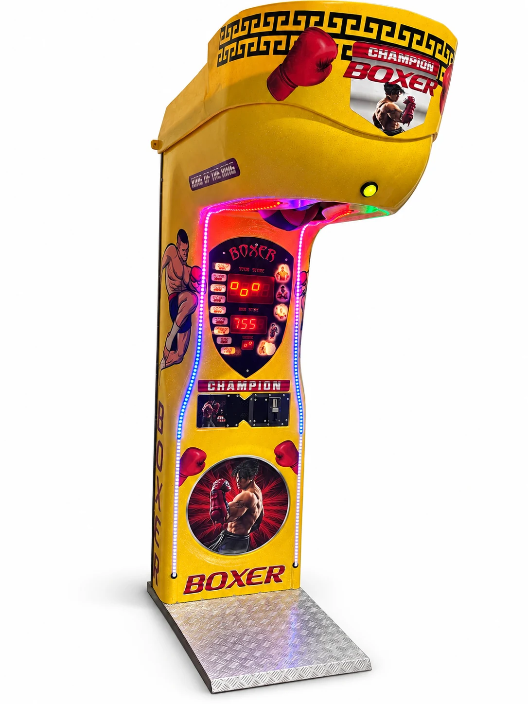 Yellow Fibreglass Boxer Machine angled view with illuminated front and foot platform
